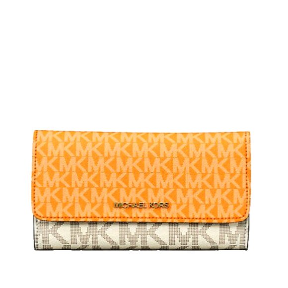 New Michael Kors Jet Set Travel Large Logo Trifold Wallet Pop Orange Multi - Picture 1 of 4